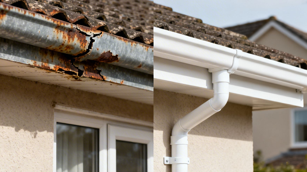Before and after comparison of old, rusted gutters replaced with new, white PVC downpipes and gutters.