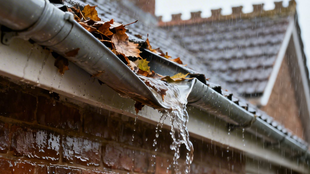Clogged house gutter overflowing with water and autumn leaves during heavy rain, splashing onto brick wall.
