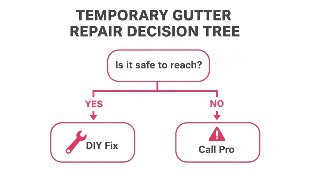 Decision tree for temporary gutter repair. If safe to reach, DIY fix; otherwise, call a professional.