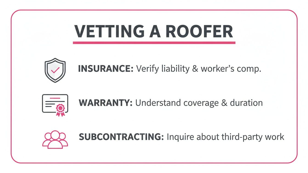 Infographic detailing how to vet a roofer, covering insurance, warranty, and subcontracting.