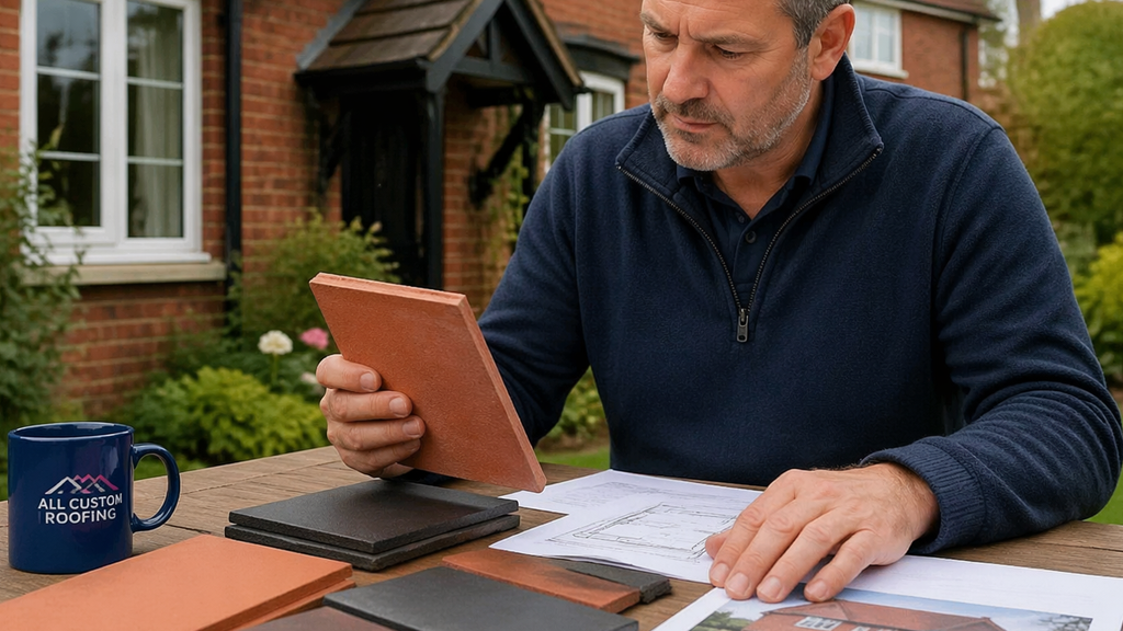 Man planning a roof replacement, examining tile samples and documents for his traditional home.
