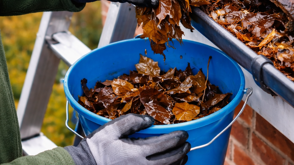 Person on a ladder cleaning a house gutter filled with wet leaves into a bucket.