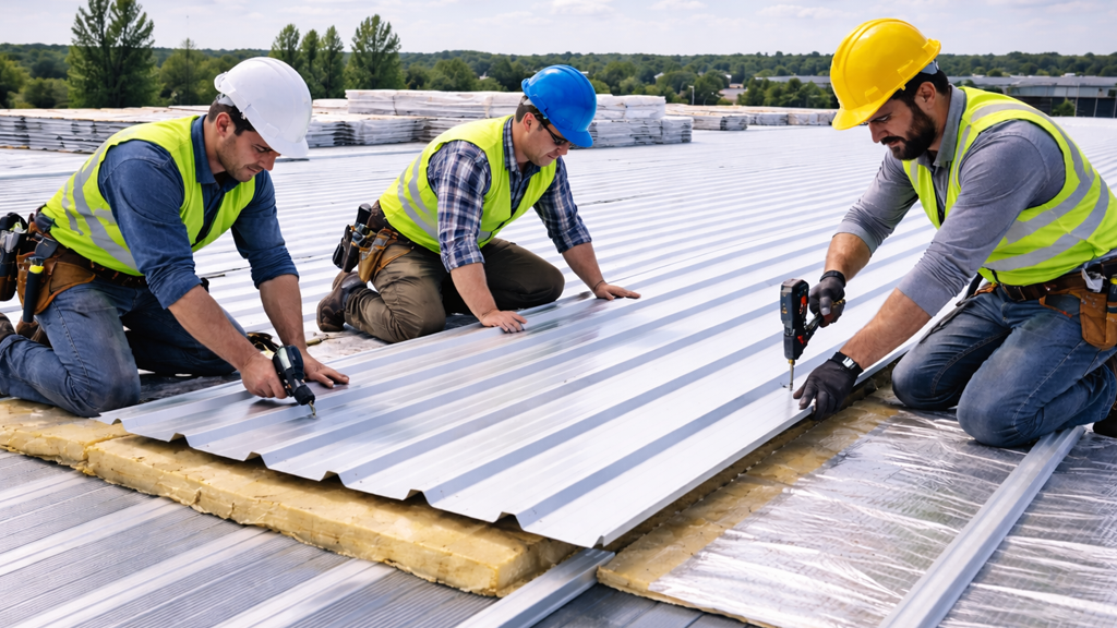 Three construction workers installing metal roofing panels and insulation on a large commercial warehouse roof.
