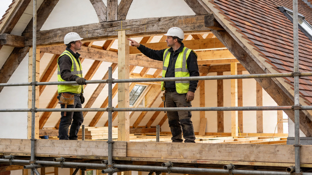 Two construction workers in high visibility vests and hard hats discussing a wooden frame project.