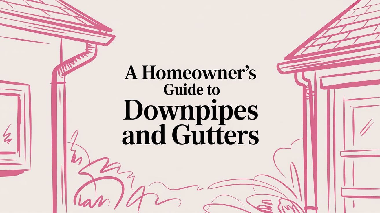 Illustrated blog cover graphic for A Homeowner's Guide to Downpipes and Gutters