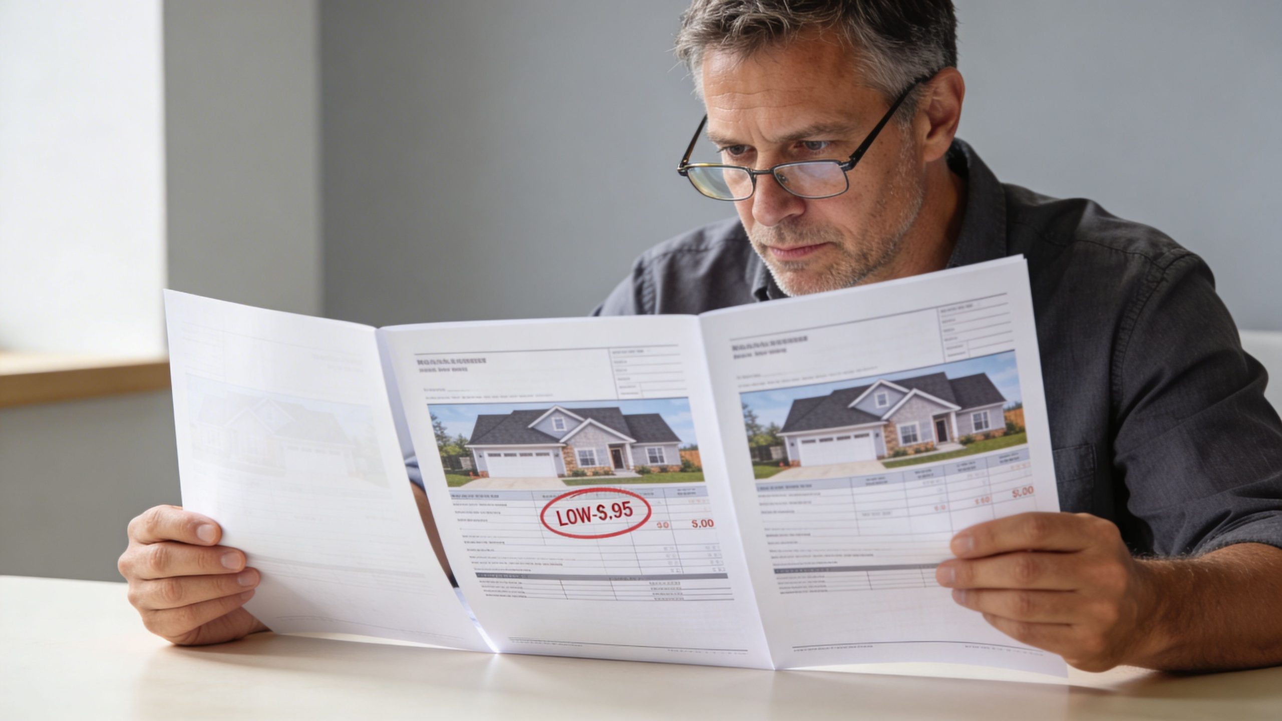 A middle-aged man with glasses reviews paper documents featuring pictures of residential houses at a table.