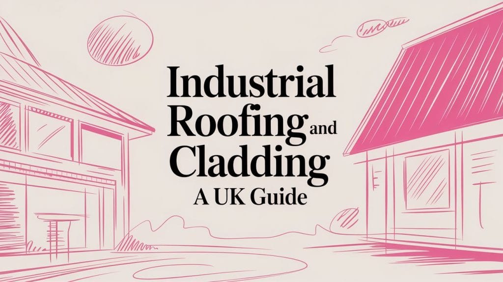 Illustrated blog cover graphic for Industrial Roofing and Cladding A UK Guide