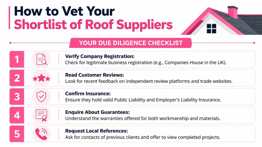A checklist of five steps to help homeowners vet and select a reliable roof supplier for projects.