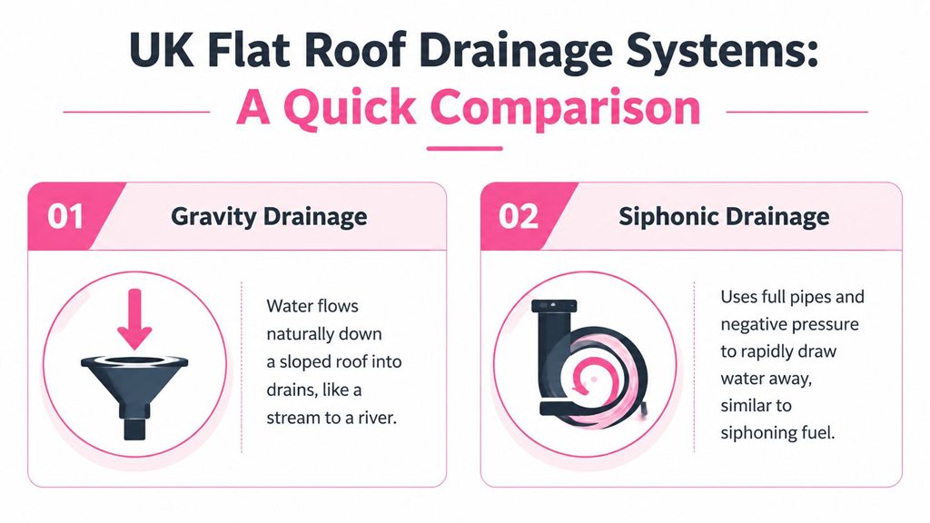 A comparison infographic between gravity and siphonic flat roof drainage systems for UK buildings.