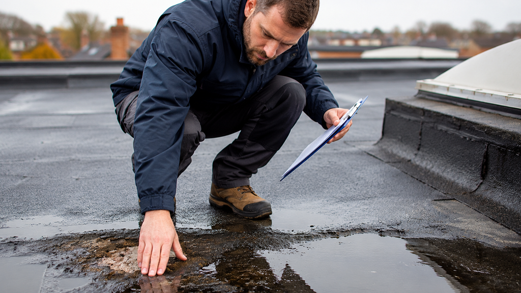 A man inspecting a water puddle and potential damage on a flat roof surface for repair work.