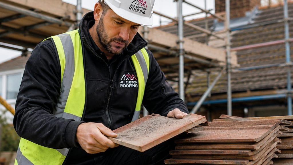 A professional construction worker in a safety helmet checking roofing materials on a building renovation site.