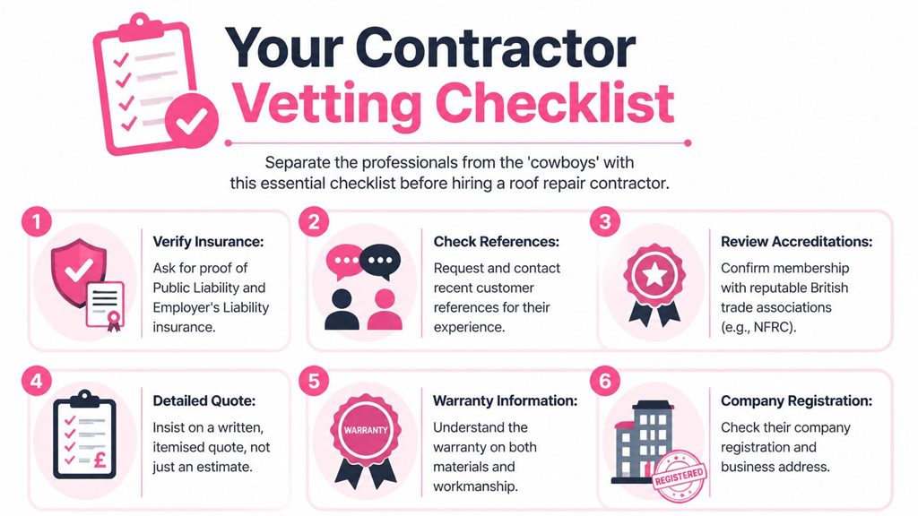 A six-point contractor vetting checklist infographic to help homeowners find reliable roof repair services.