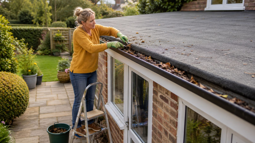 A woman stands on a step ladder cleaning leaves and debris from a home's flat roof gutter.