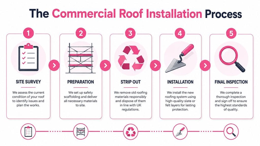 An infographic showing the five steps of the commercial roofing installation process from survey to inspection.
