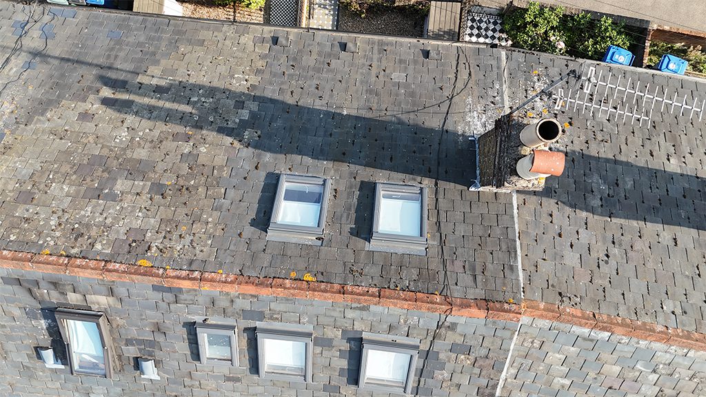 Ariel image of a roof tile replacement by All Custom Roofing
