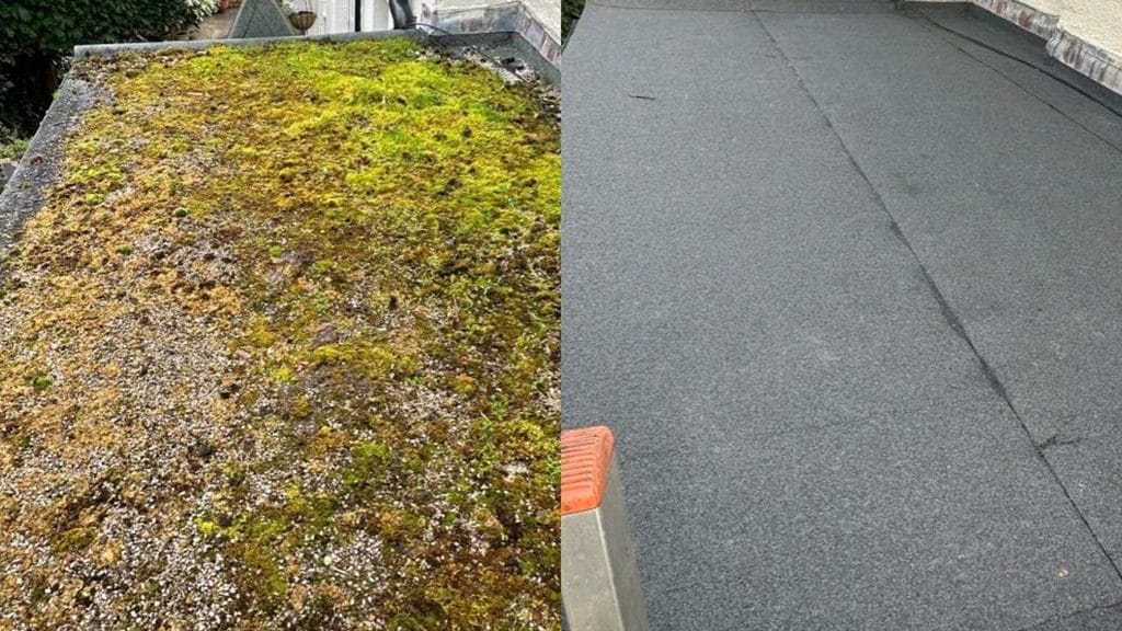 Before and After image of a flat roof replacement by All Custom Roofing