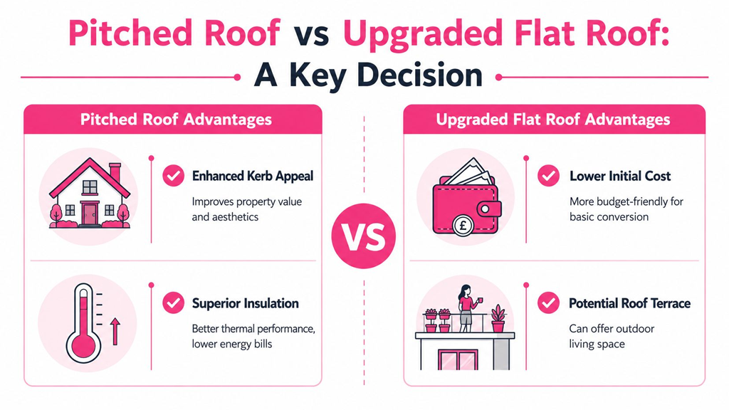 A comparison chart outlining the advantages of pitched roofs versus upgraded flat roofs for home renovations.