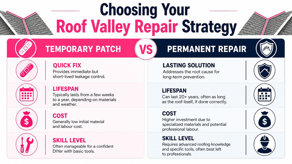 A comparison chart outlining the pros, cons, lifespan, and skill levels for temporary versus permanent roof valley repairs.