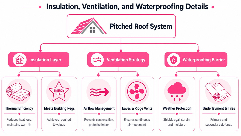 A diagram illustrating the essential insulation, ventilation, and waterproofing components of a pitched roof system for homes.