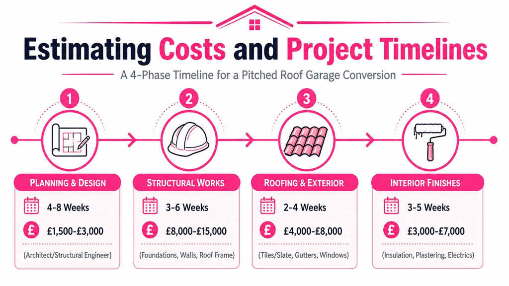 A four-phase infographic showing estimated timelines and costs for a pitched roof garage conversion project.