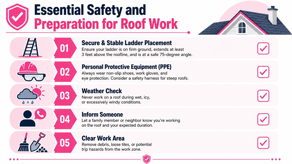 A safety infographic illustrating five essential preparation steps for performing safe roof repair work.