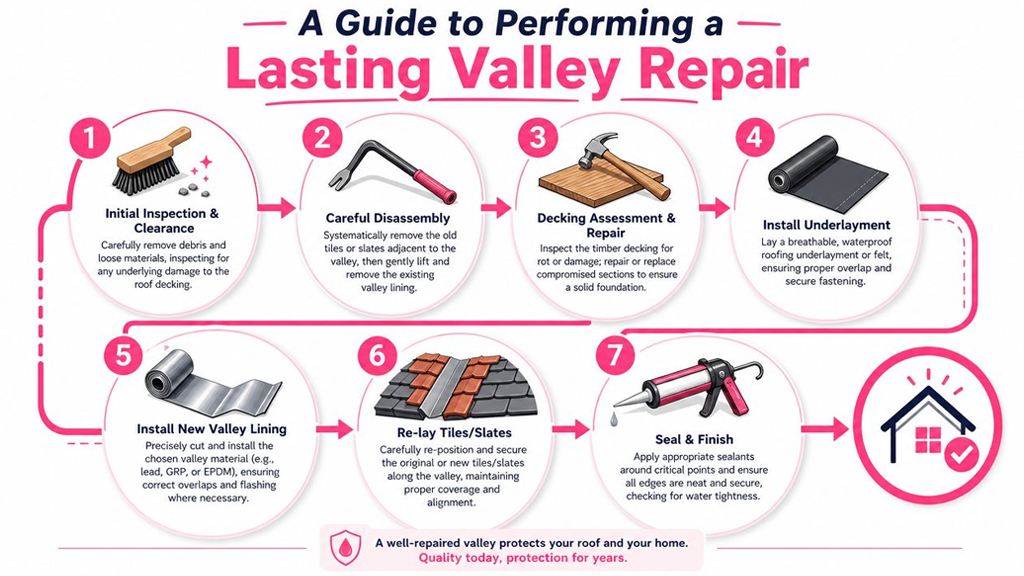 A step-by-step guide illustrating how to perform a professional roof valley repair for home maintenance.