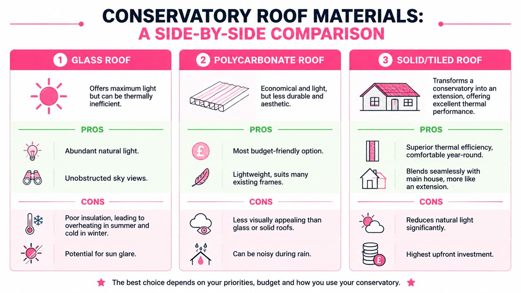 A comparative chart showing pros and cons of glass, polycarbonate, and solid conservatory roof materials.