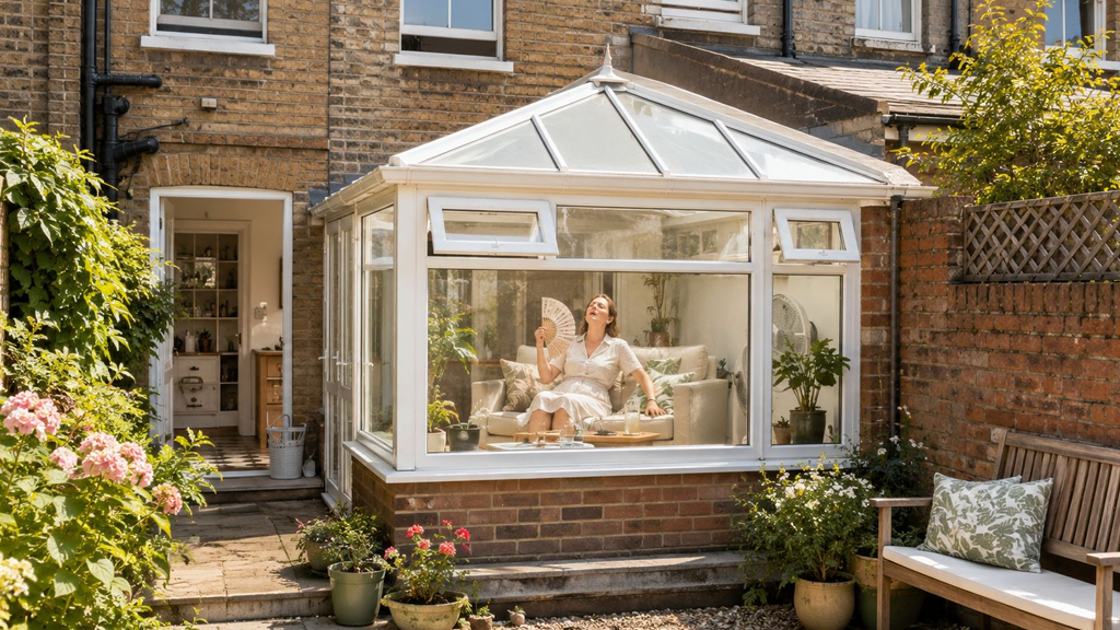 A woman relaxes in a bright conservatory room while fanning herself, overlooking a sunny garden patio area.