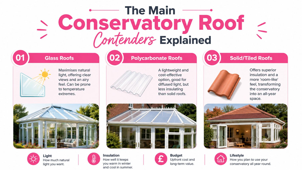 An infographic comparing three different types of conservatory roof materials including glass, polycarbonate, and solid tiles.