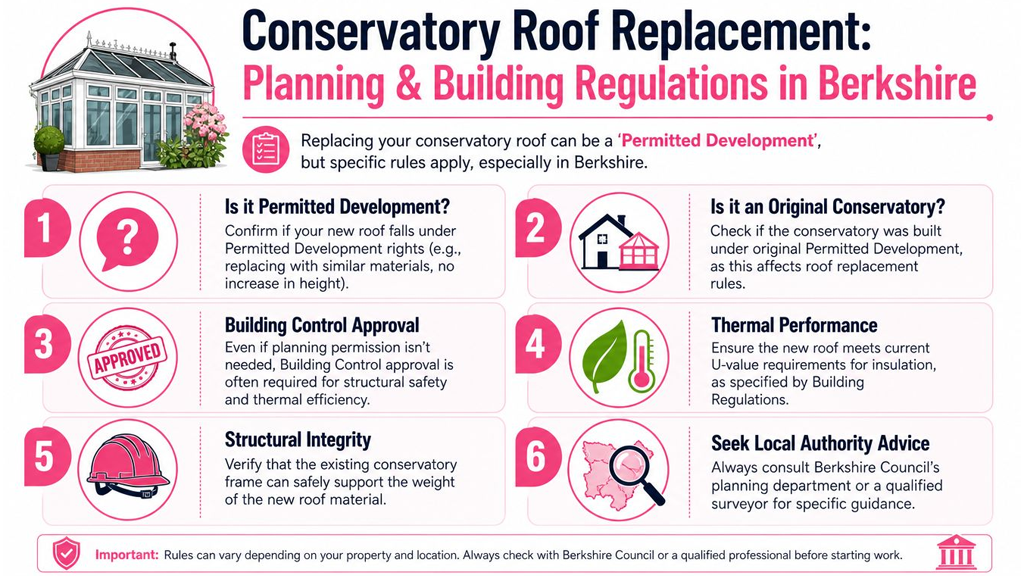 An infographic titled Conservatory Roof Replacement outlining six essential planning and building regulation steps for Berkshire residents.