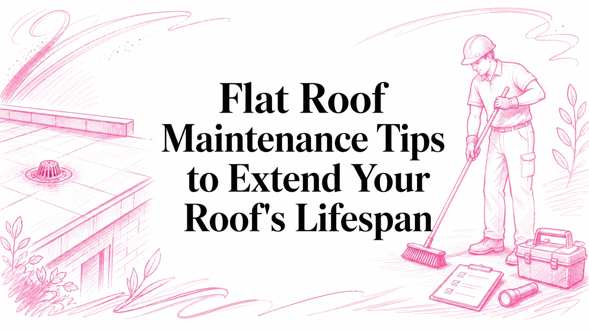 Illustrated blog cover graphic for Flat Roof Maintenance Tips to Extend Your Roof’s Lifespan