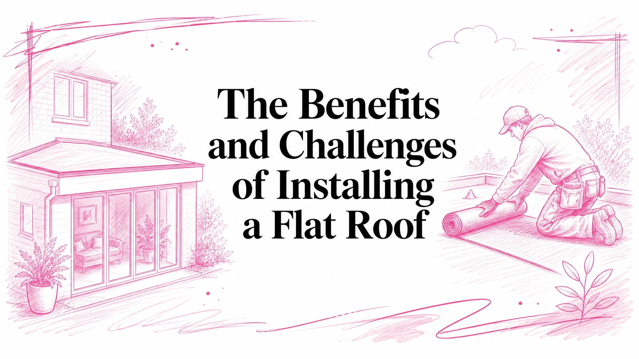 Illustrated blog cover graphic for The Benefits and Challenges of Installing a Flat Roof