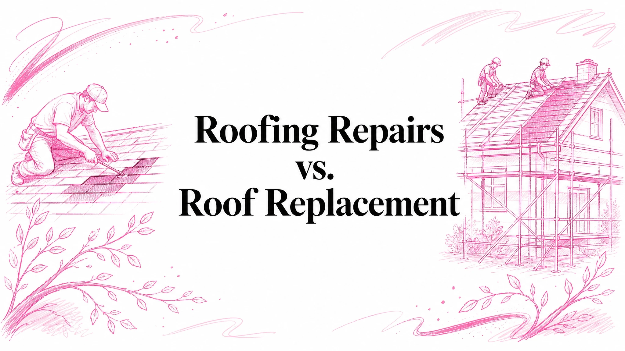 Illustrated blog cover graphic for Roofing Repairs vs. Roof Replacement: Which One Is Right for You?