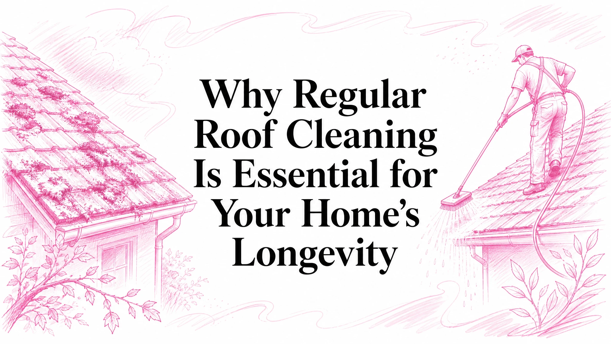 Illustrated blog cover graphic for Why Regular Roof Cleaning is Essential for Your Home’s Longevity