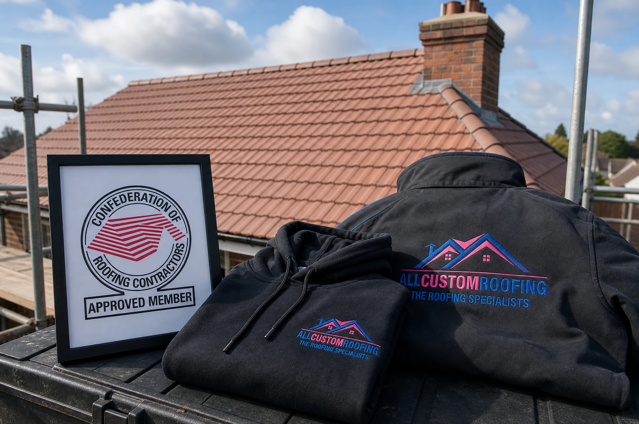 A CORC approved member certificate and All Custom Roofing branded workwear displayed on a completed roofing job