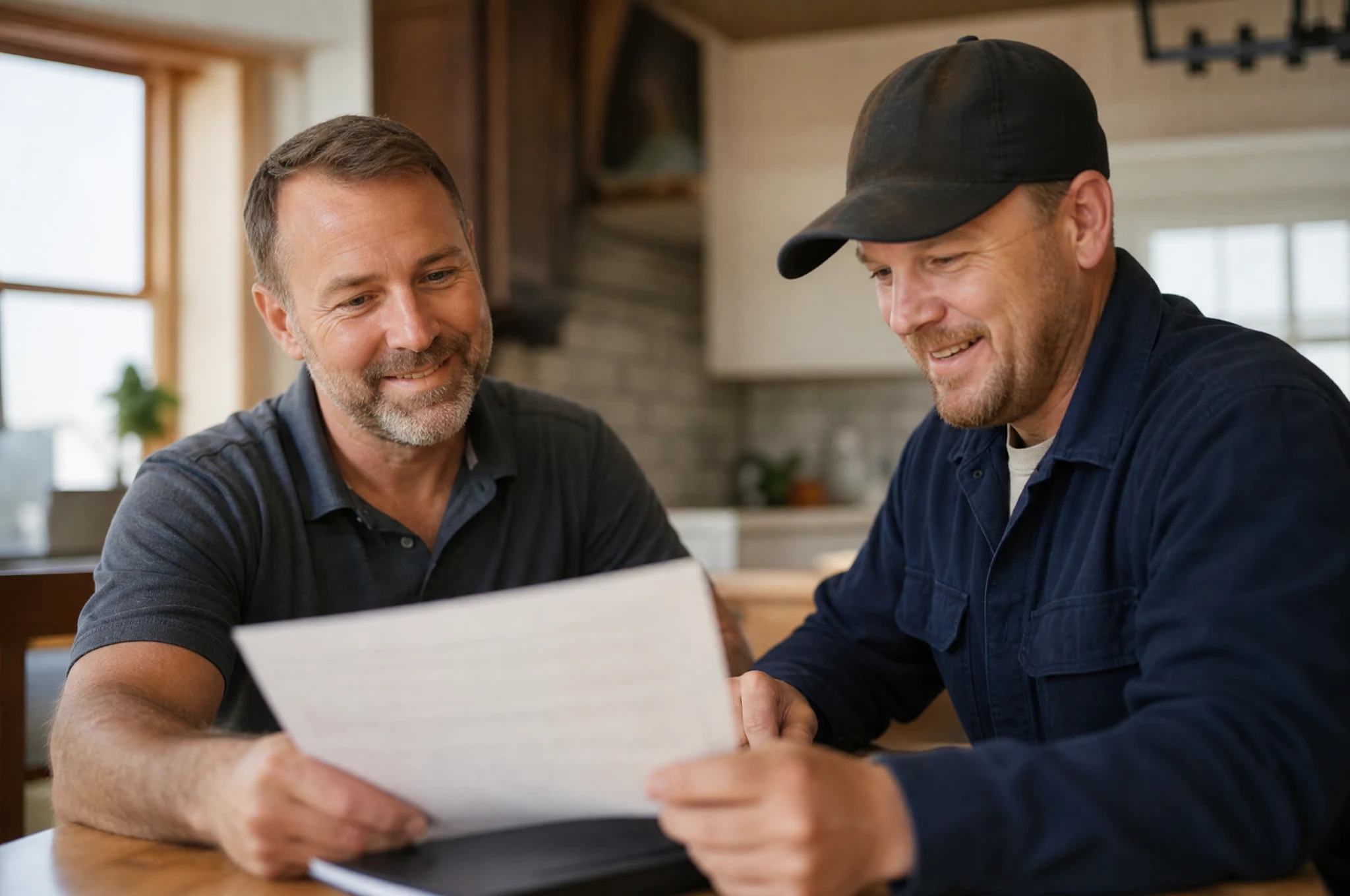 A homeowner and a roofer from All Custom Roofing reviewing guarantee paperwork together at a kitchen table
