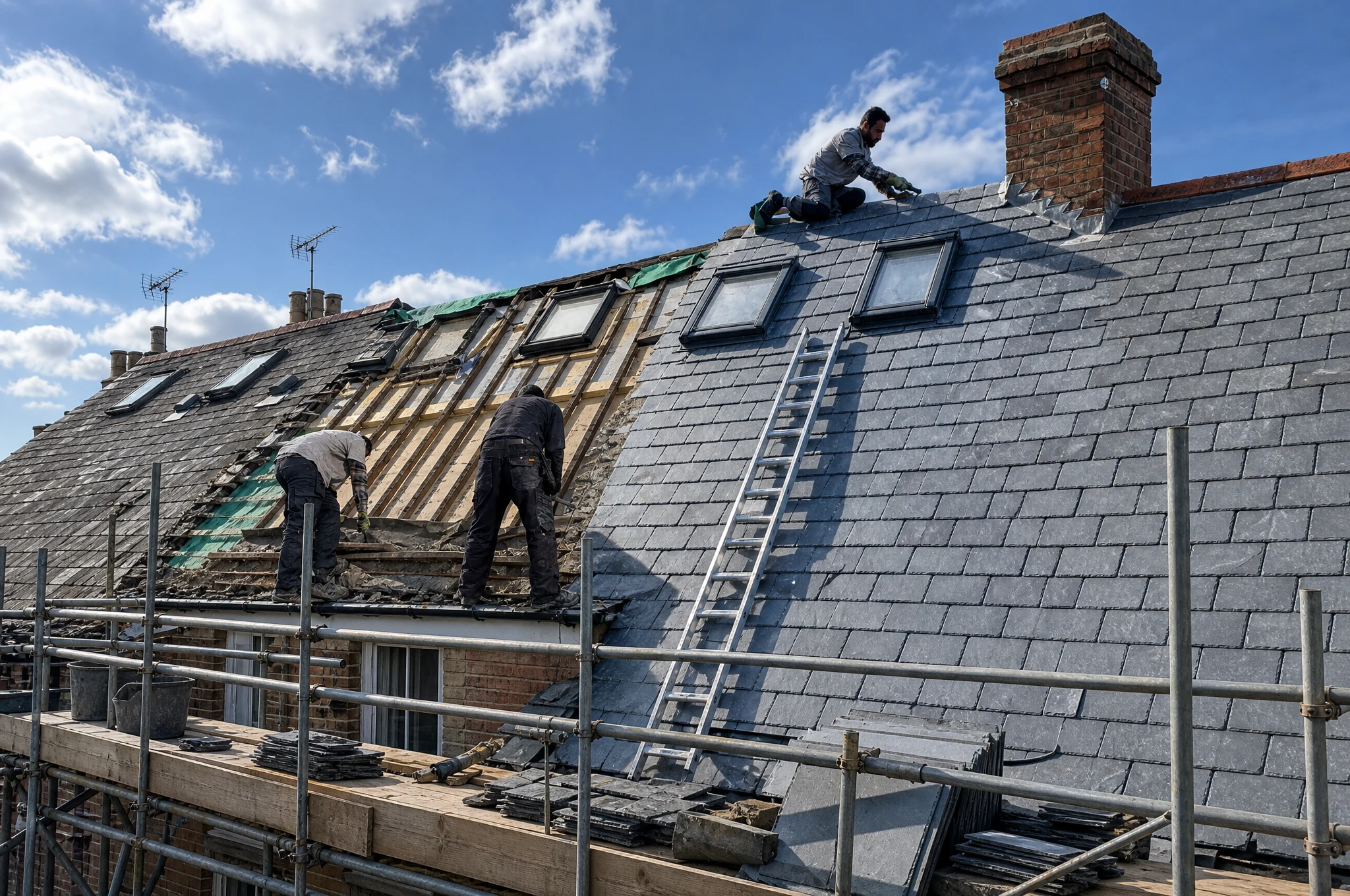 Roofers re-roofing a period house with natural slate tiles and scaffolding