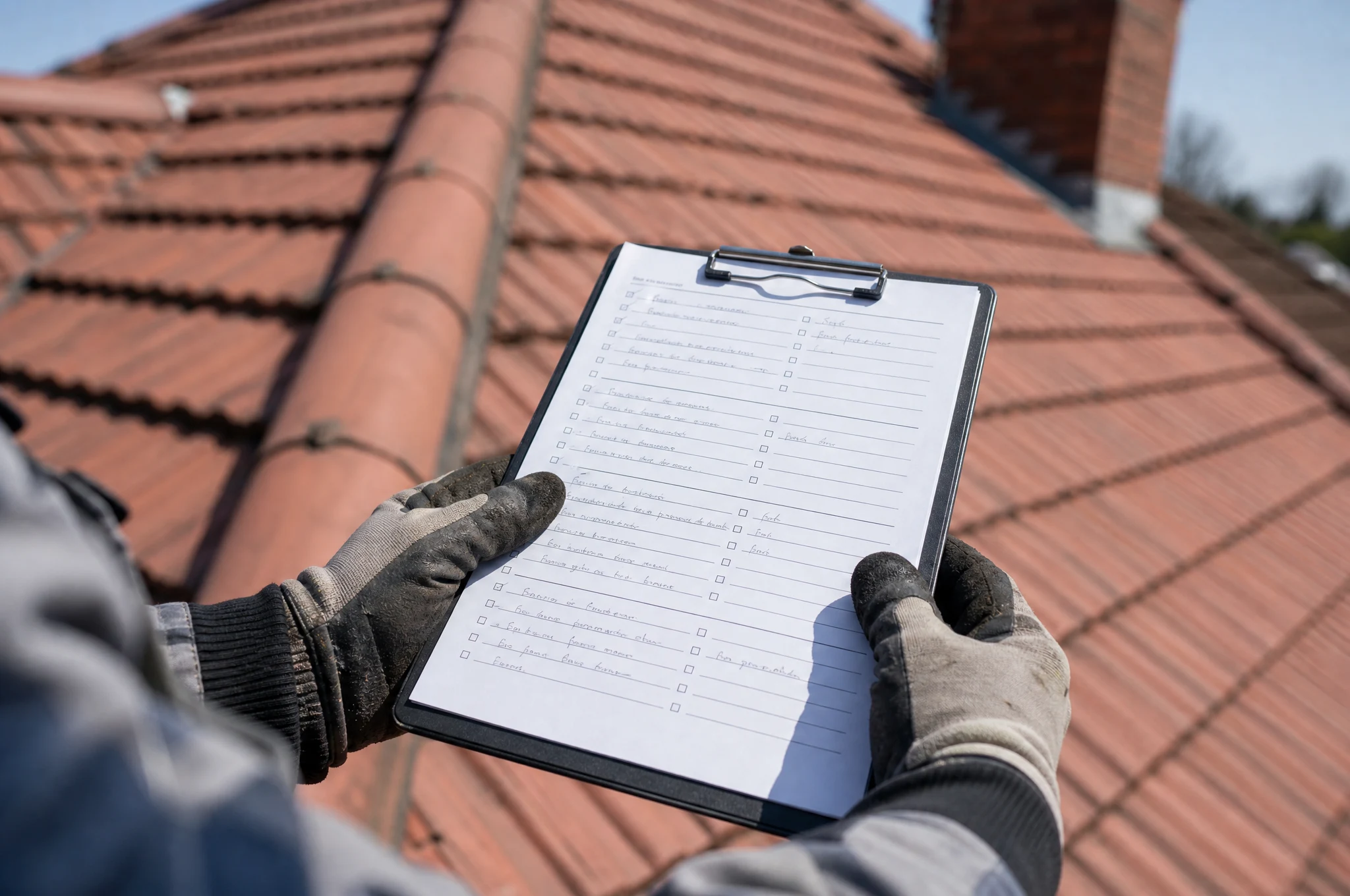 Roofer holding a written roof inspection report on a clipboard with a tiled roof in the background