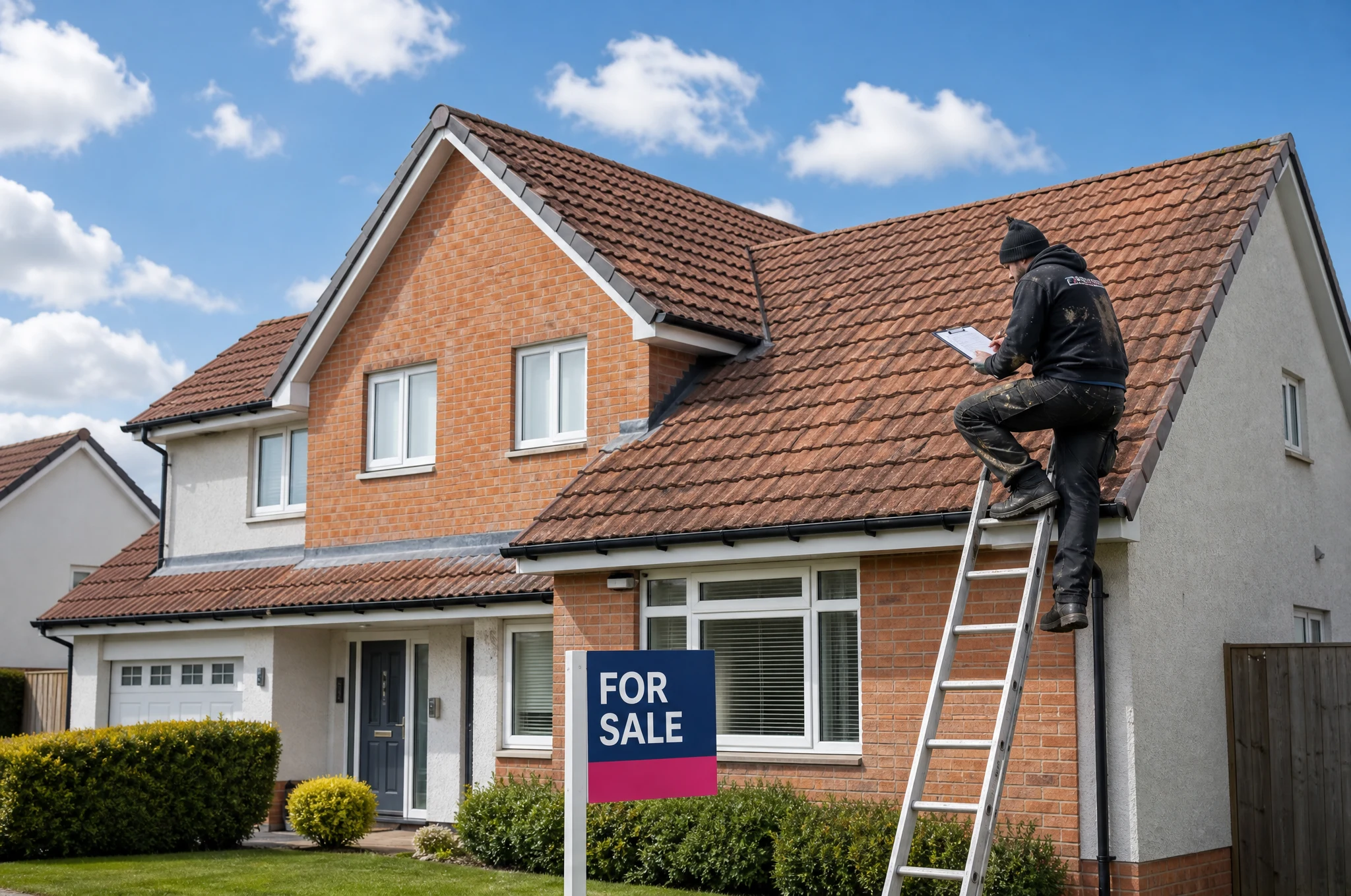 Roof surveyor on a ladder inspecting tiles on a house with a For Sale sign in the garden