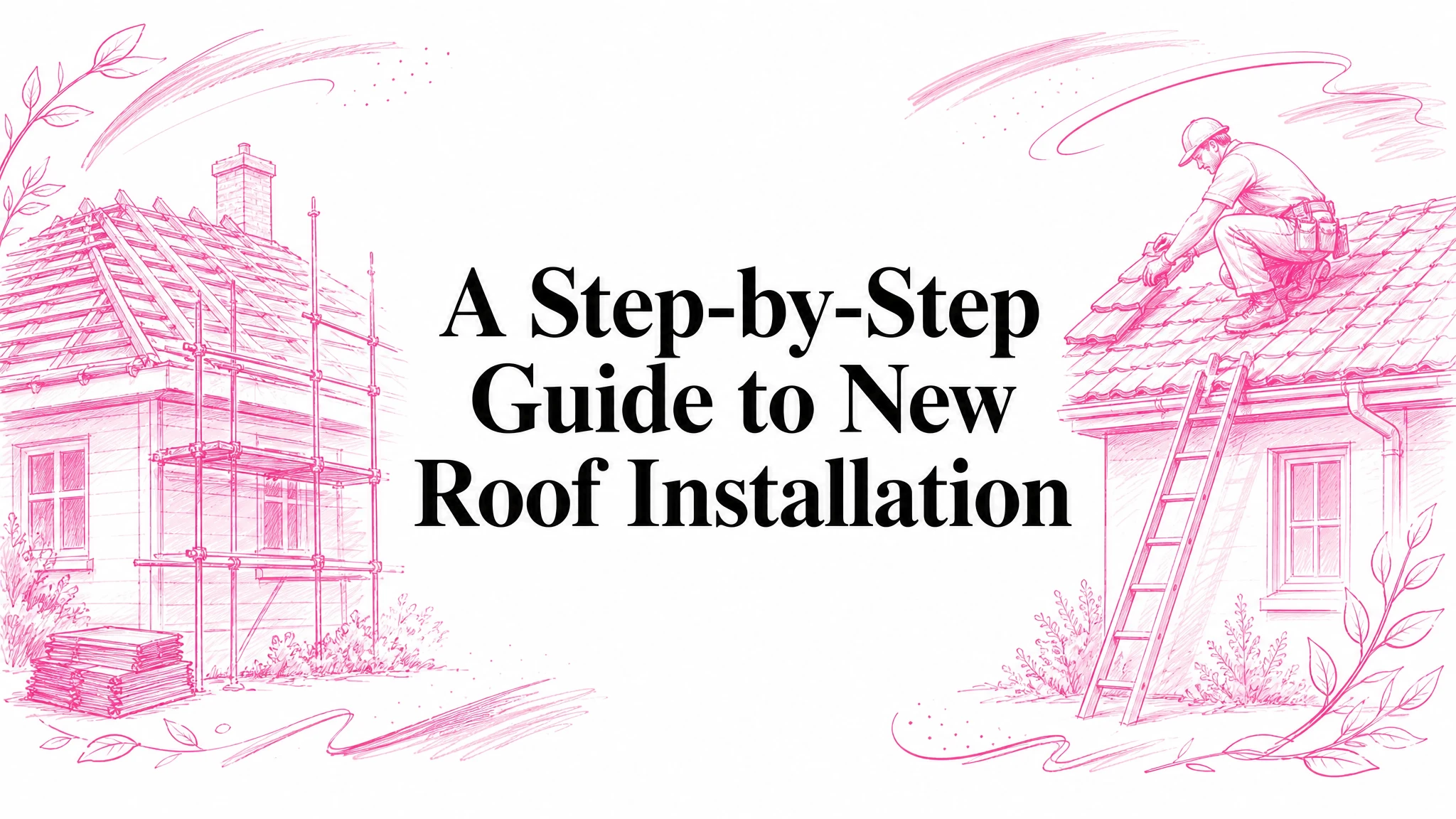Illustrated guide cover for A Step-by-Step Guide to New Roof Installation, showing a house mid-reroof with scaffolding and a roofer laying new tiles