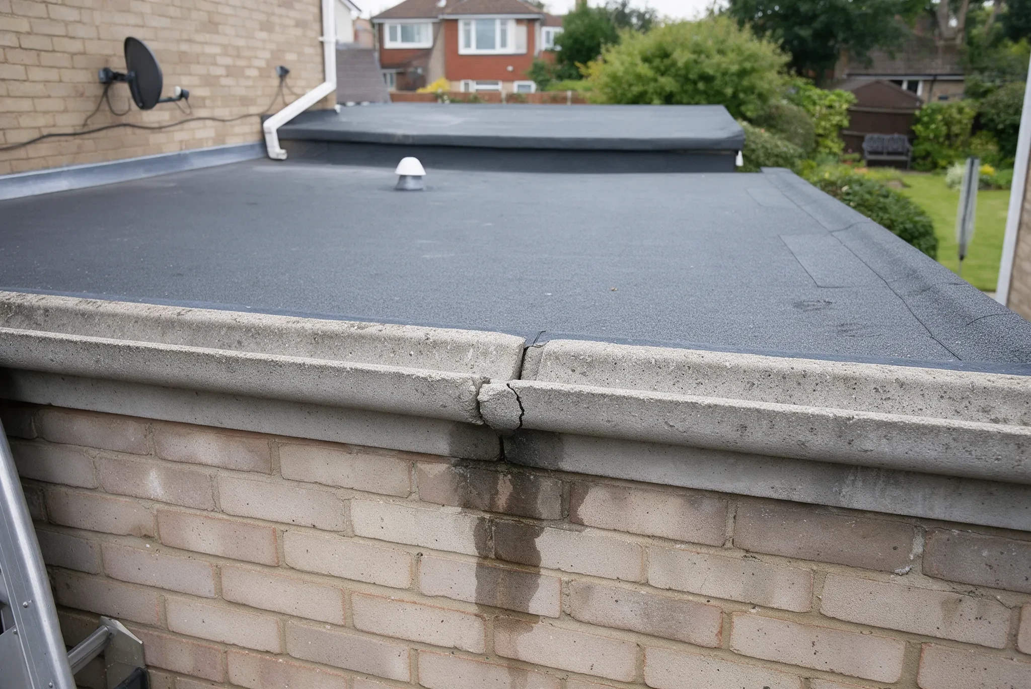Close-up of a cracked concrete box gutter joint leaking and staining the brickwork beneath