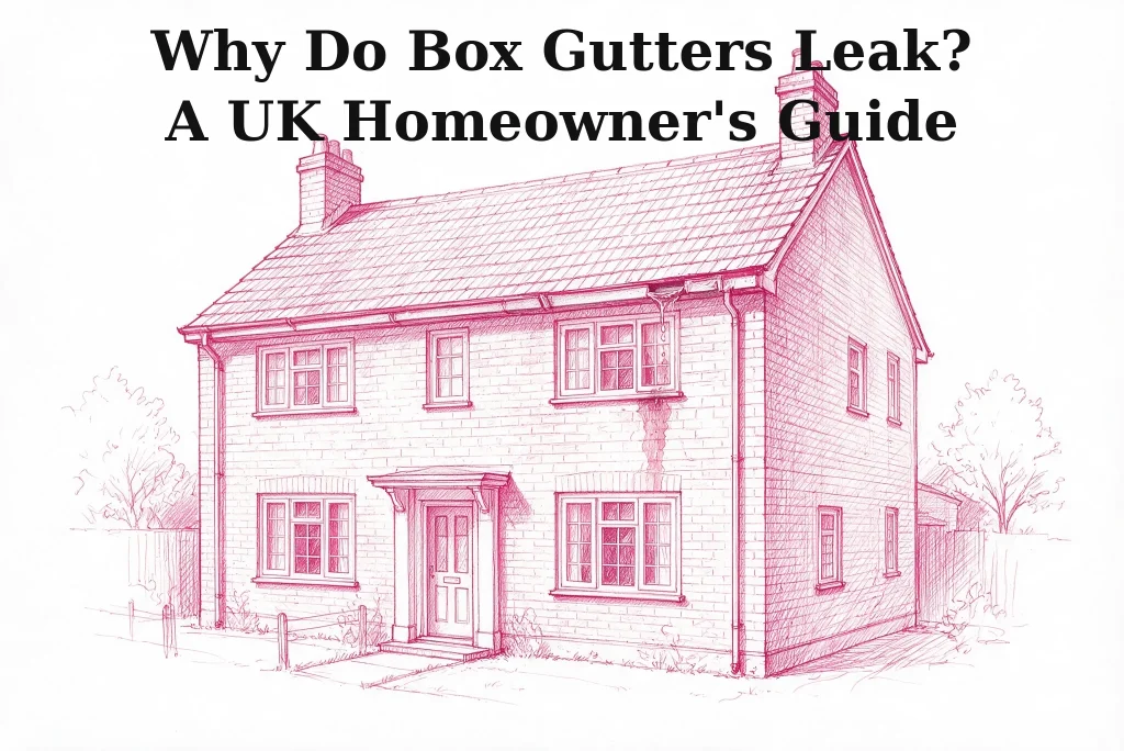 A UK house with a leaking box gutter overflow stain on the brickwork, illustrated guide cover
