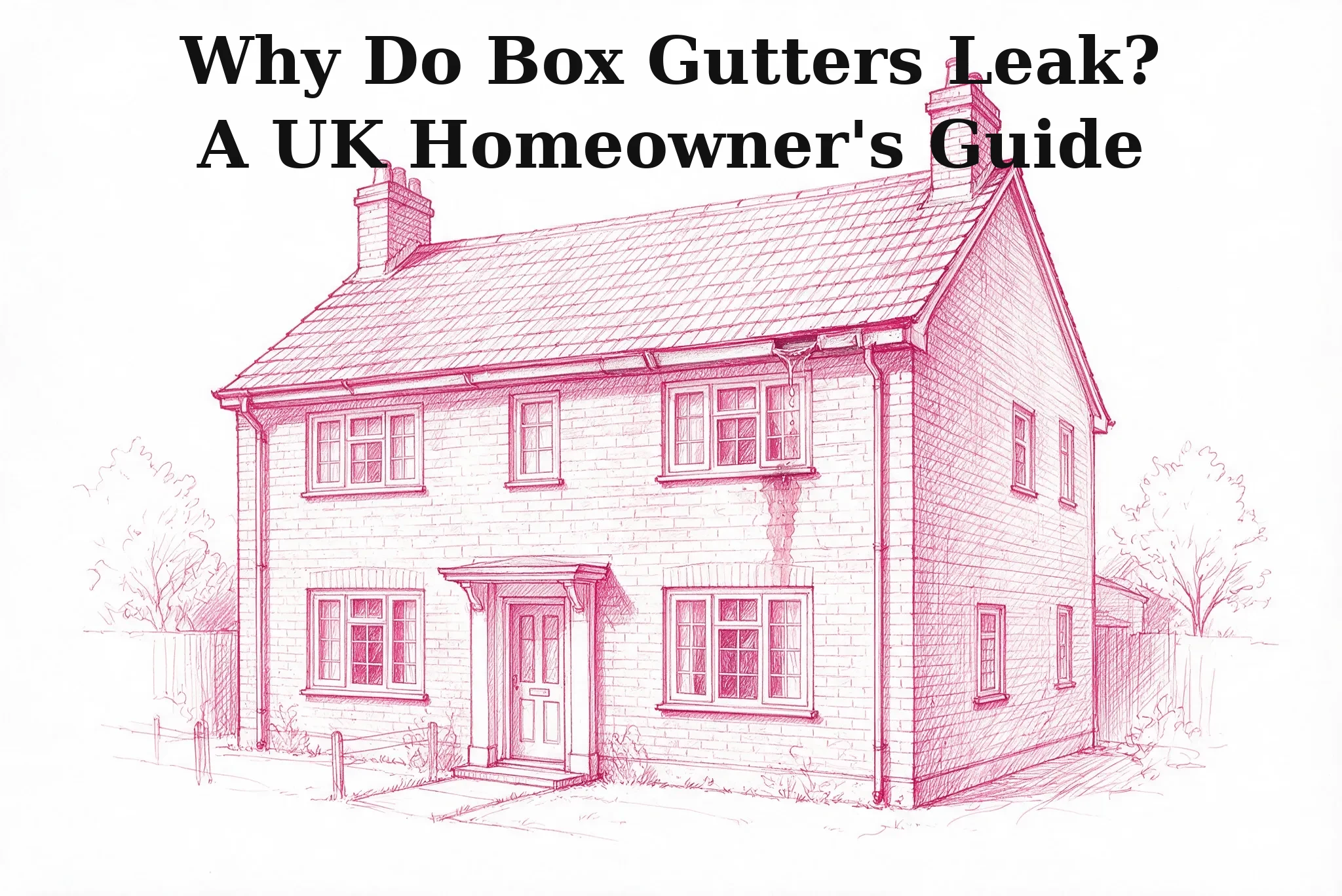 A UK house with a leaking box gutter overflow stain on the brickwork, illustrated guide cover