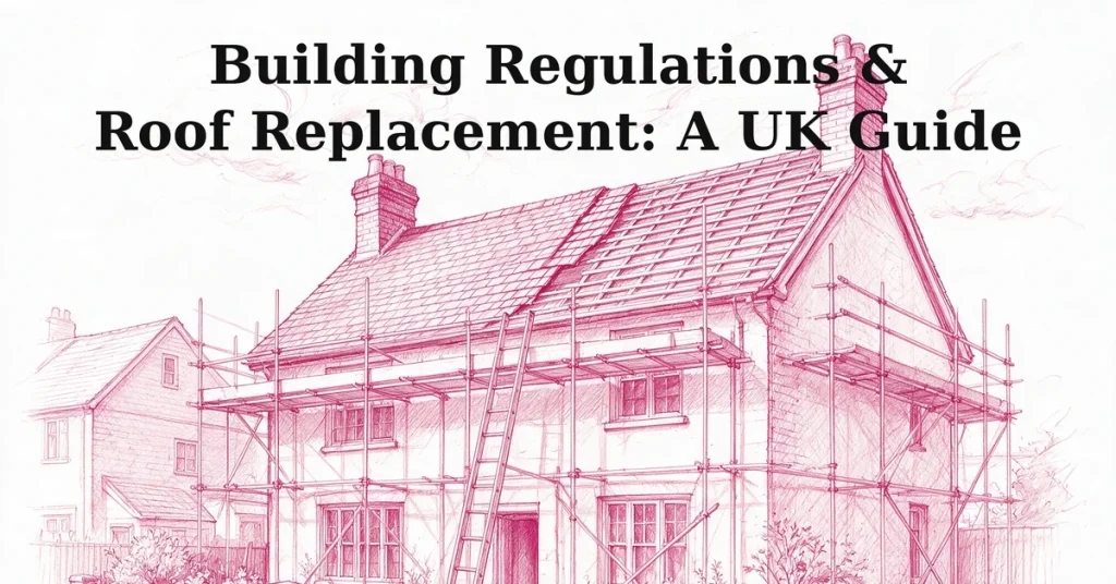 UK semi-detached house under scaffolding mid roof replacement, illustration