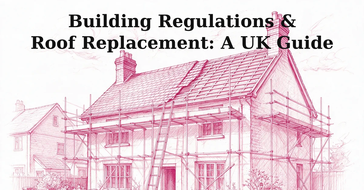 UK semi-detached house under scaffolding mid roof replacement, illustration