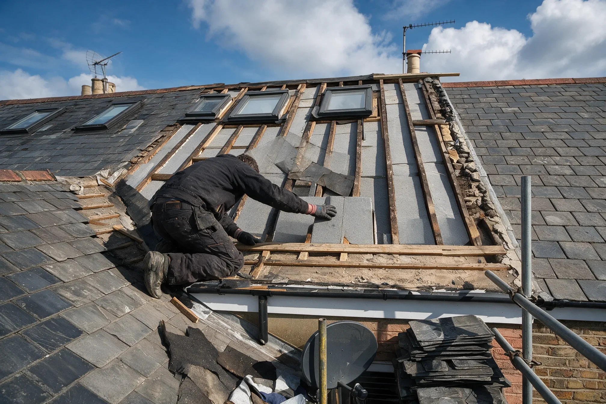 Roofer fitting insulation boards between roof rafters during a re-roof, meeting Part L thermal element requirements