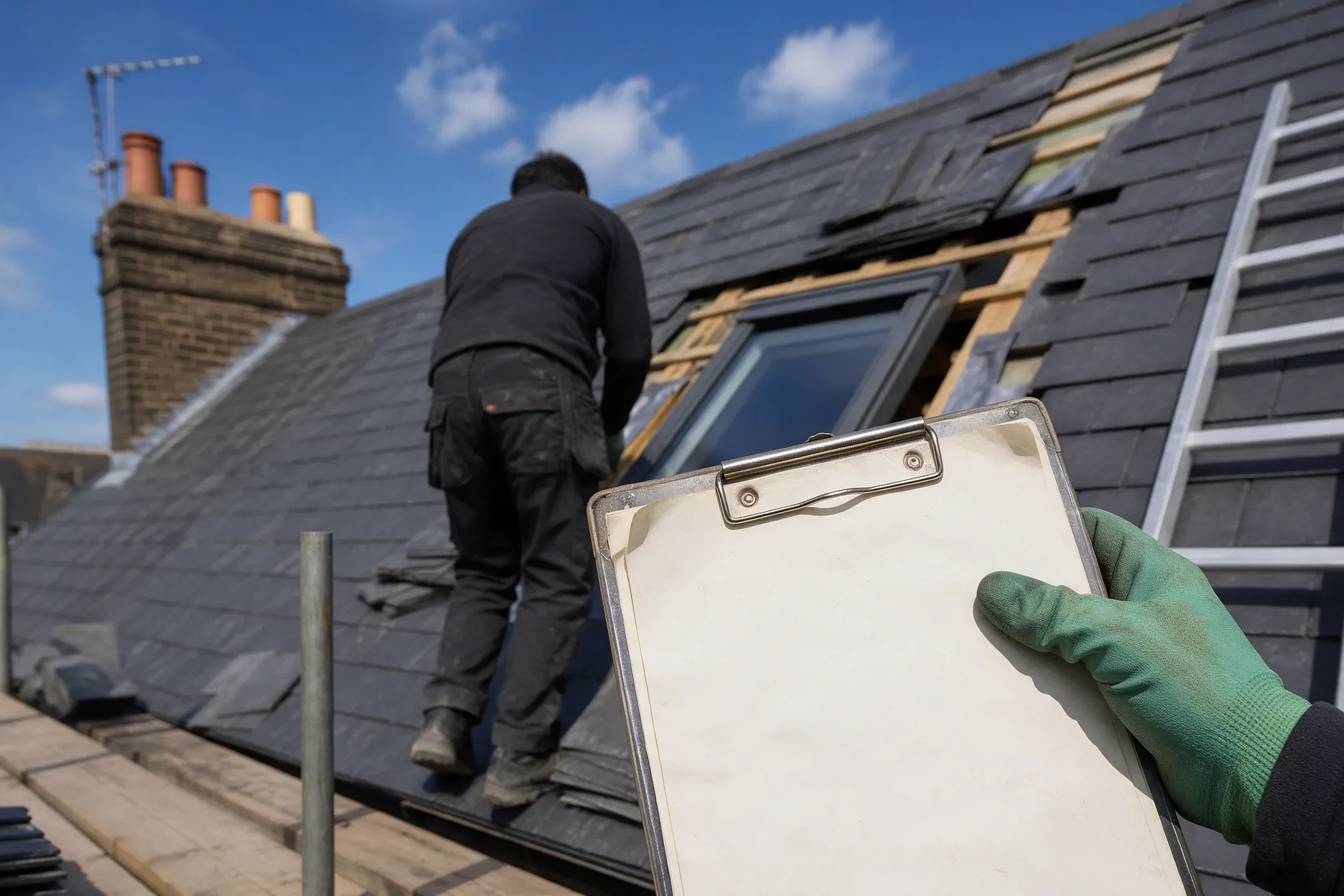 Clipboard on a roofing job site, representing Building Regulations compliance paperwork