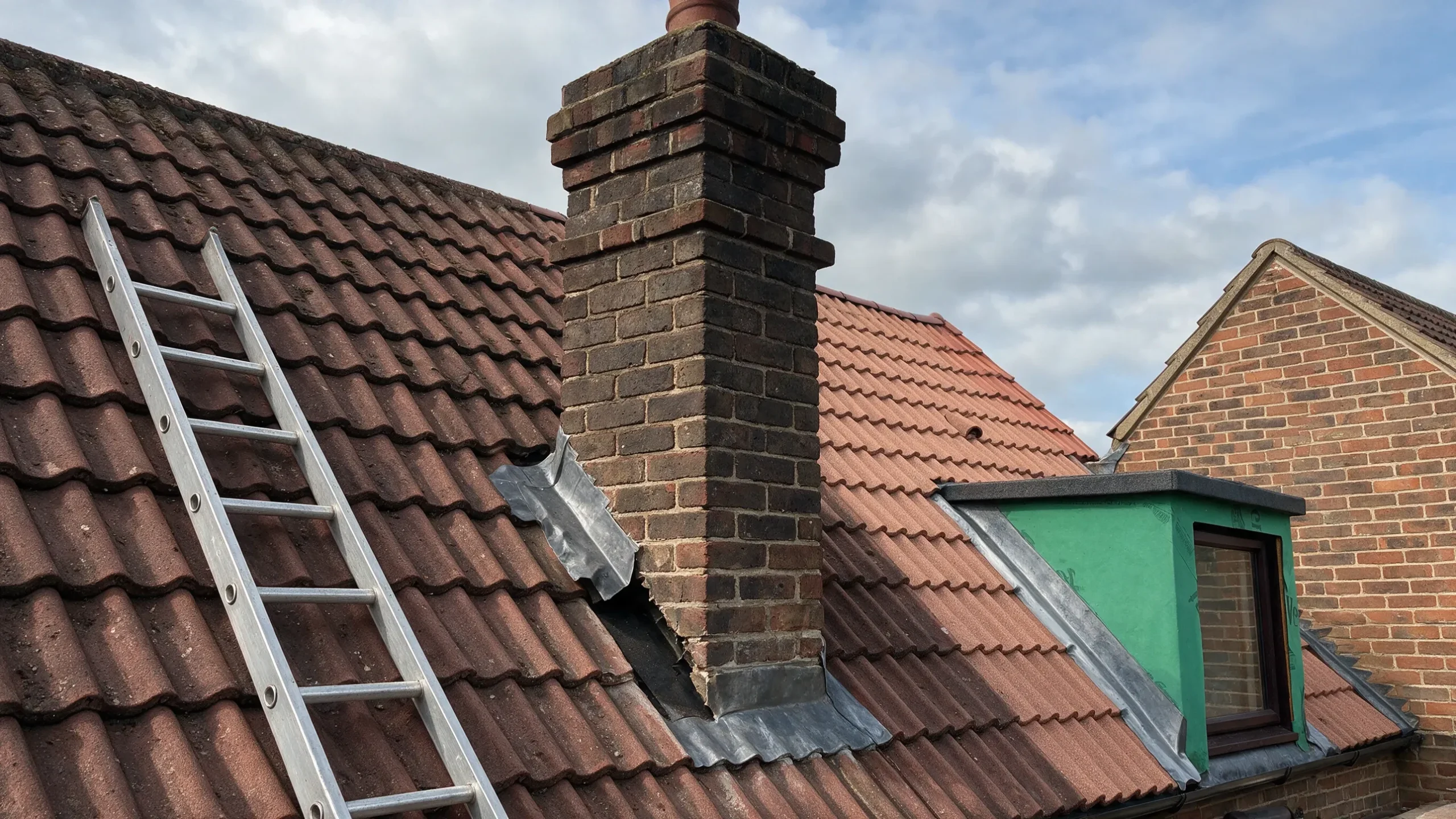 Brick chimney stack on a UK tiled roof with a section of lead flashing torn away, exposing the felt underneath