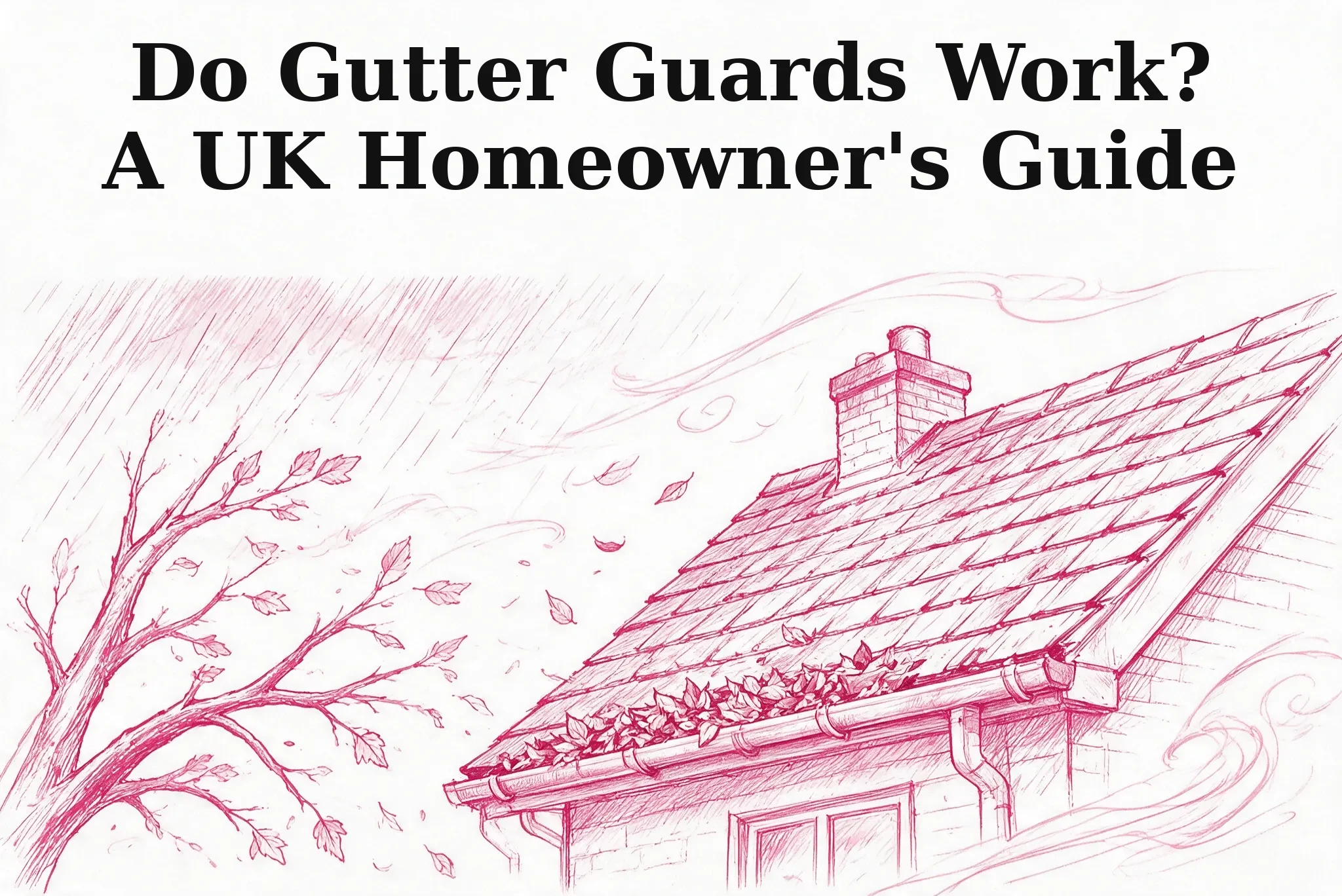 Pink line illustration of a UK house gutter blocked with autumn leaves under the headline Do Gutter Guards Work, A UK Homeowners Guide