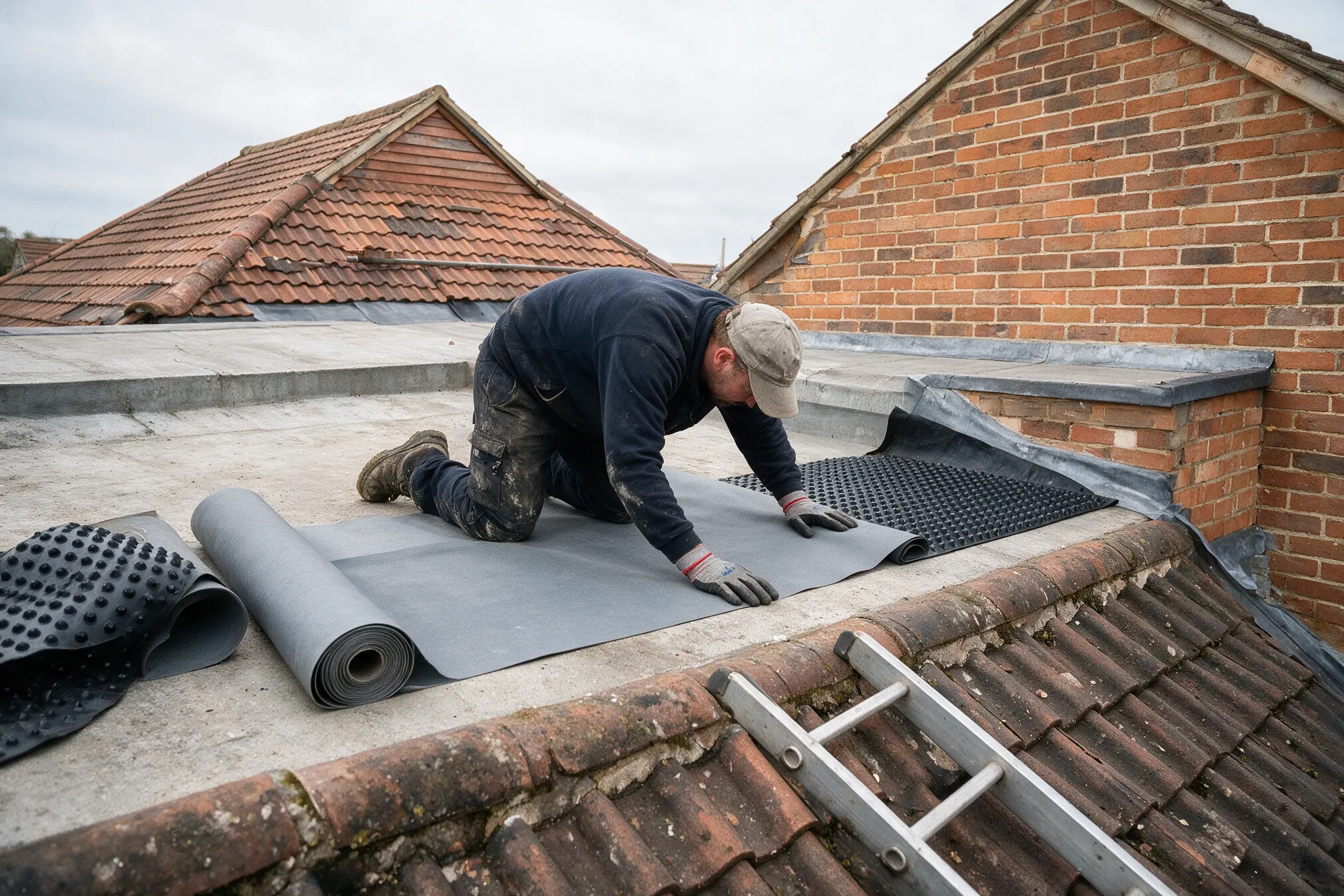 Roofer installing a waterproof membrane and drainage board layer on a flat roof before a green roof is planted